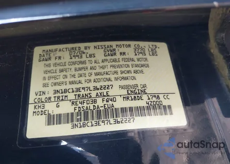 2007 Nissan Versa 1.8S z USA, uszkodzony, nr VIN 3N1BC13E97L362227